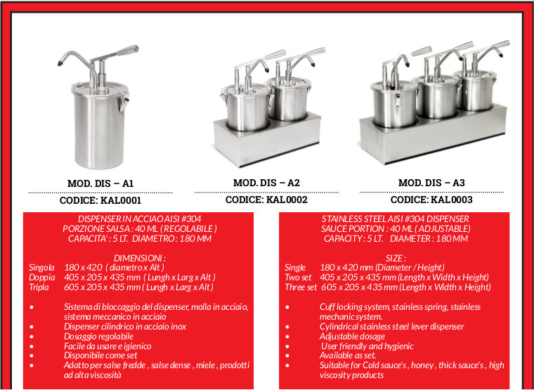 Distributore di Pastelle - 1,3L - Acciaio Inox - Pulsante di Dosaggio  Inclinato - Maxima